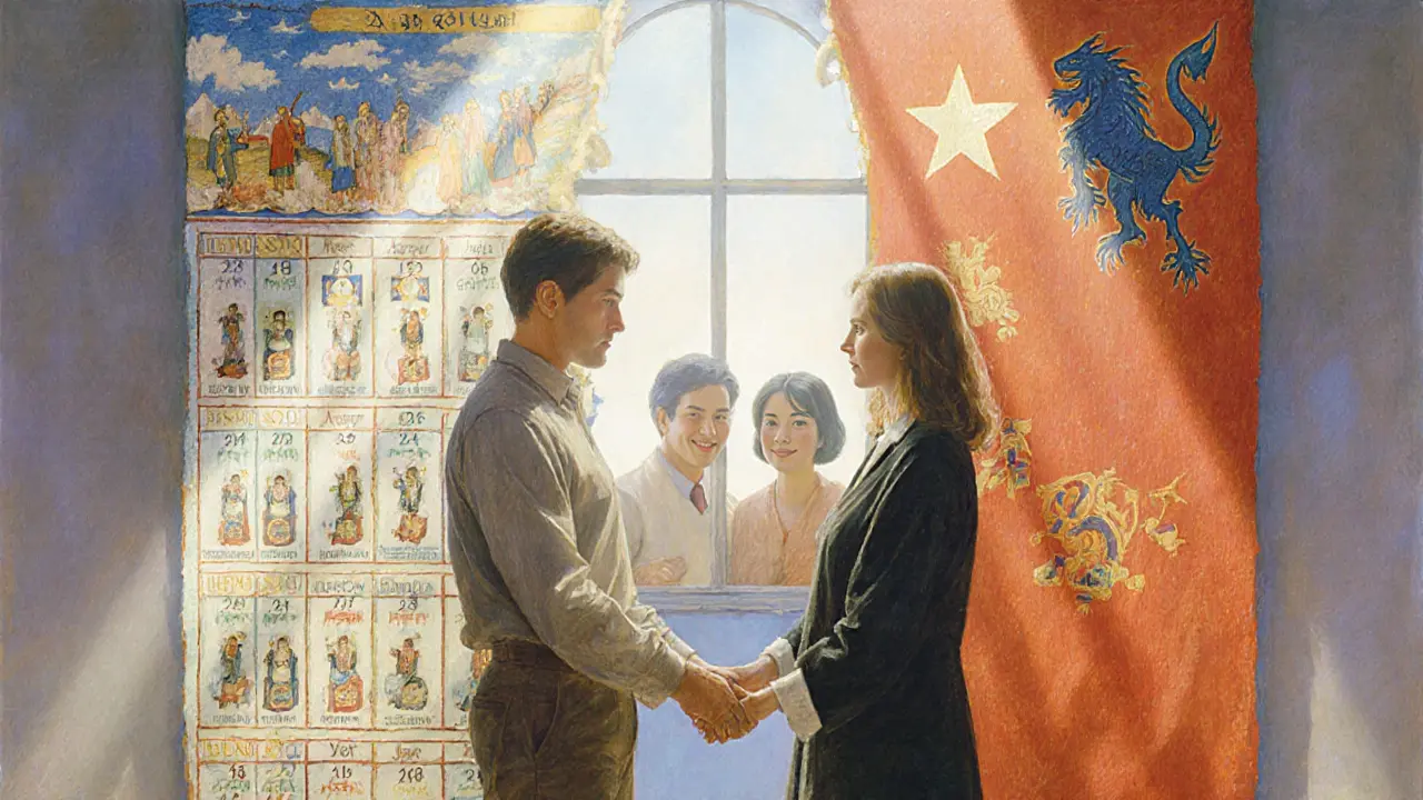 Pár společně vytváří kalendář s českými a čínskými svátky, slunce osvětluje jejich spojené ruce.