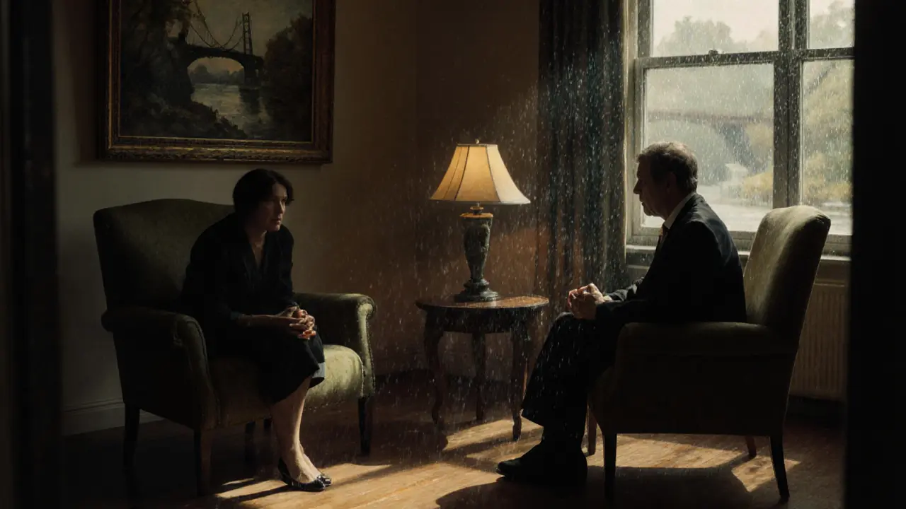 Pár v terapeutické místnosti, jeden se dívá z okna, druhý se naklání dopředu, teplo světla v temnotě.