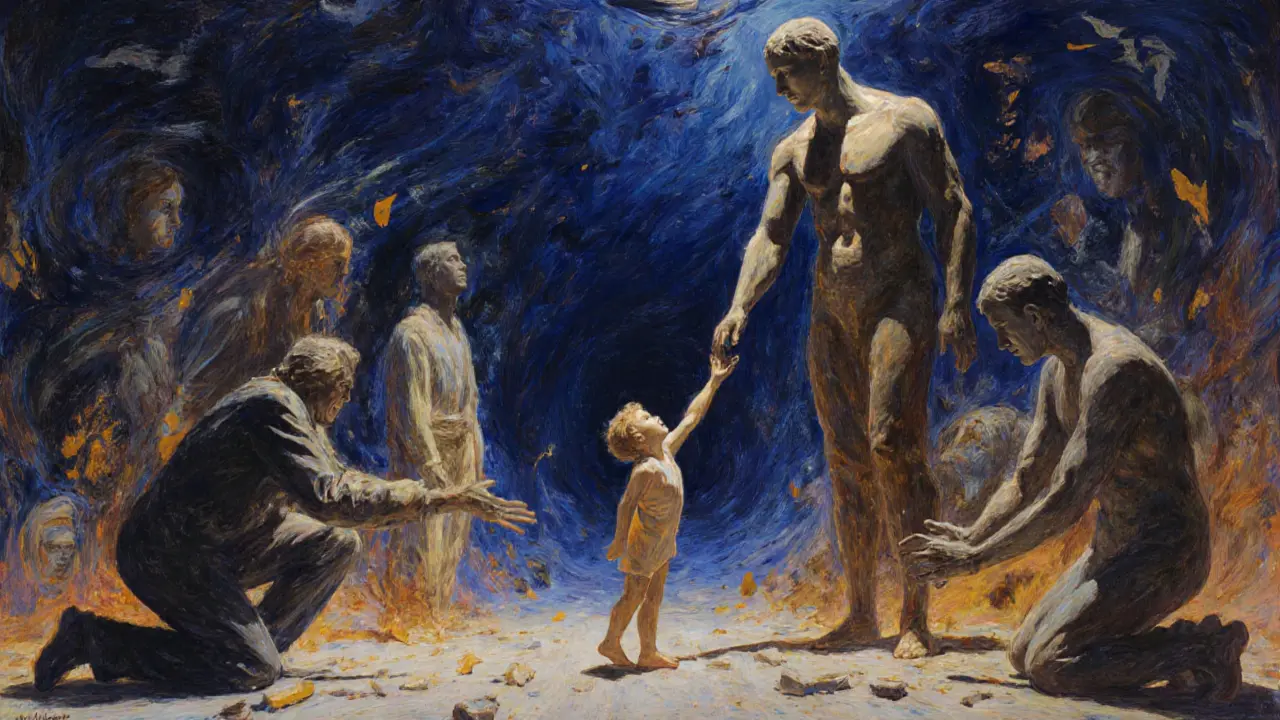 Postavy jako sochy v prostoru, dítě se táhne k dospělé verzi sebe sama přes prázdnou mezeru.