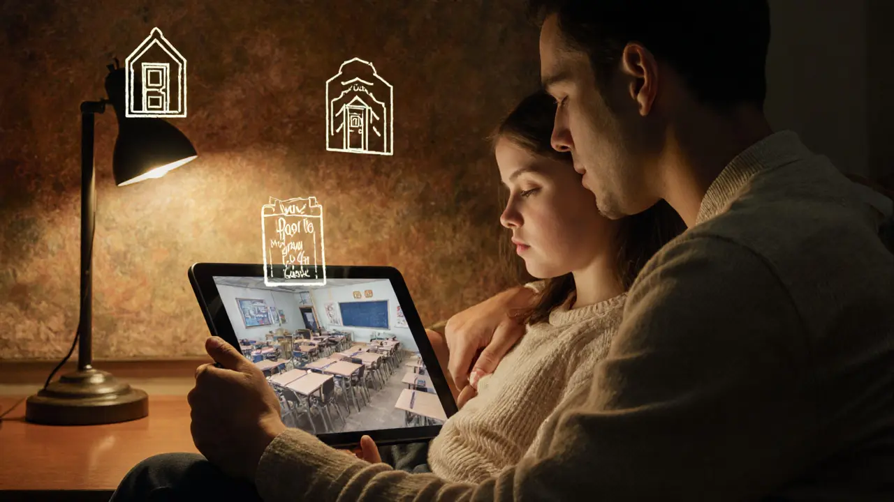 Rodič a dítě společně sledují virtuální reálnost nové třídy pod lampou.