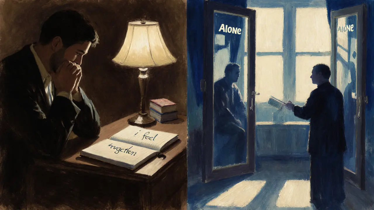 Rozdělený scénář: muž jedná s terapeutem v kanceláři, žena hledí z okna, mezi nimi dveře symbolizující volbu.