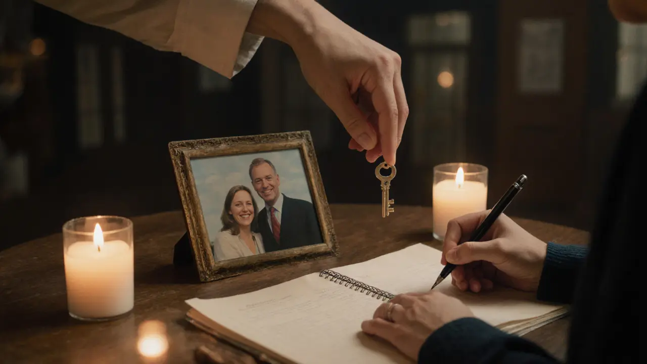 Ruka kladoucí klíč vedle fotografie, druhá ruka píše do deníku – symbol obnovy důvěry.