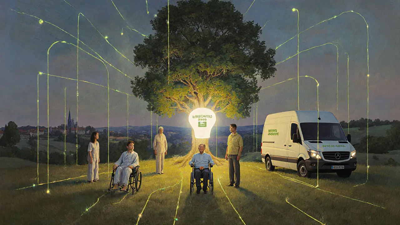 Různí lidé jsou spojeni světelnými vlákny s centrálním stromem digitální podpory.