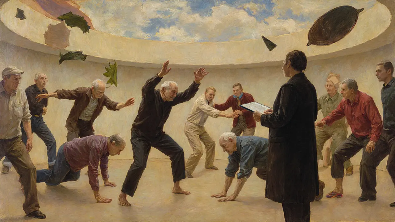 Různí lidé se pohybují spontánně v kruhu, terapeut pozoruje, abstraktní tvary znázorňují pohyb.