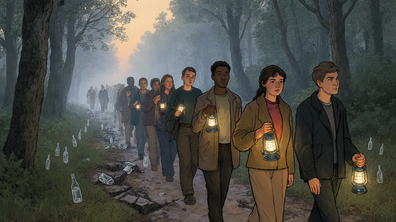 Skupina lidí jde lesem s lucernami, za nimi zanikají prázdné láhve.