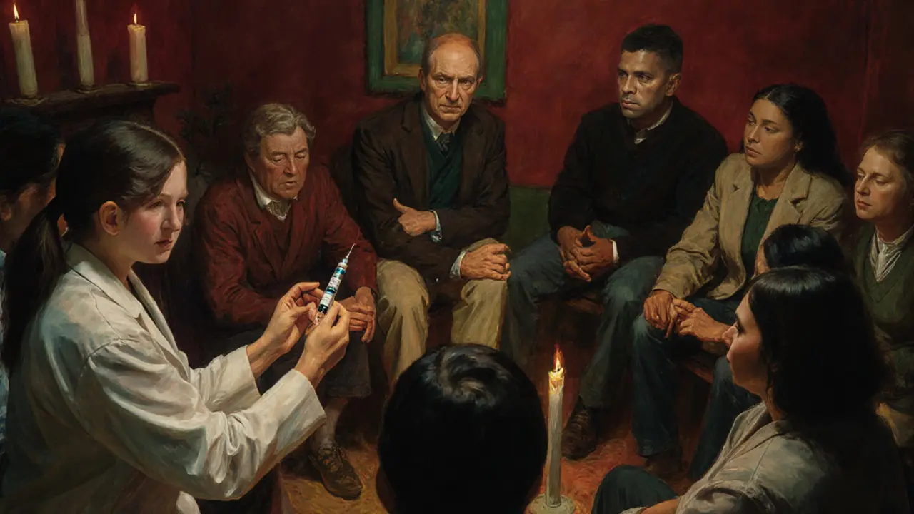 Skupina lidí v komunitním centru přijímá dlouhodobou injekci buprenorfinu pod dohledem lékaře.