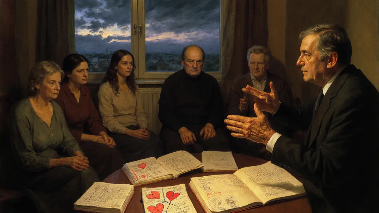 Skupina příbuzných poslouchá peer workera v klinice, zatímco za nimi prchají stíny emocionálních bojů.