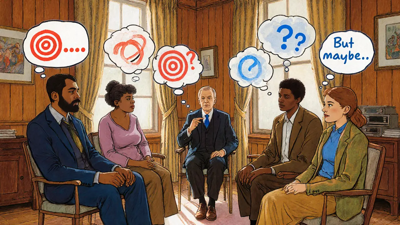 Skupinová terapie, lidé se sedí v kruhu, nad jejich hlavami se vynořují různé myšlenkové bubliny.