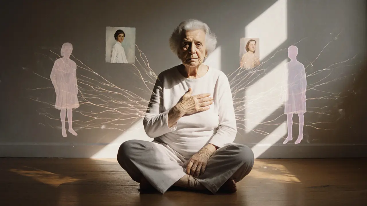 Stará žena sedí s očima zavřenými, z jejího těla vycházejí světlé čáry jako znaky uzdravení.