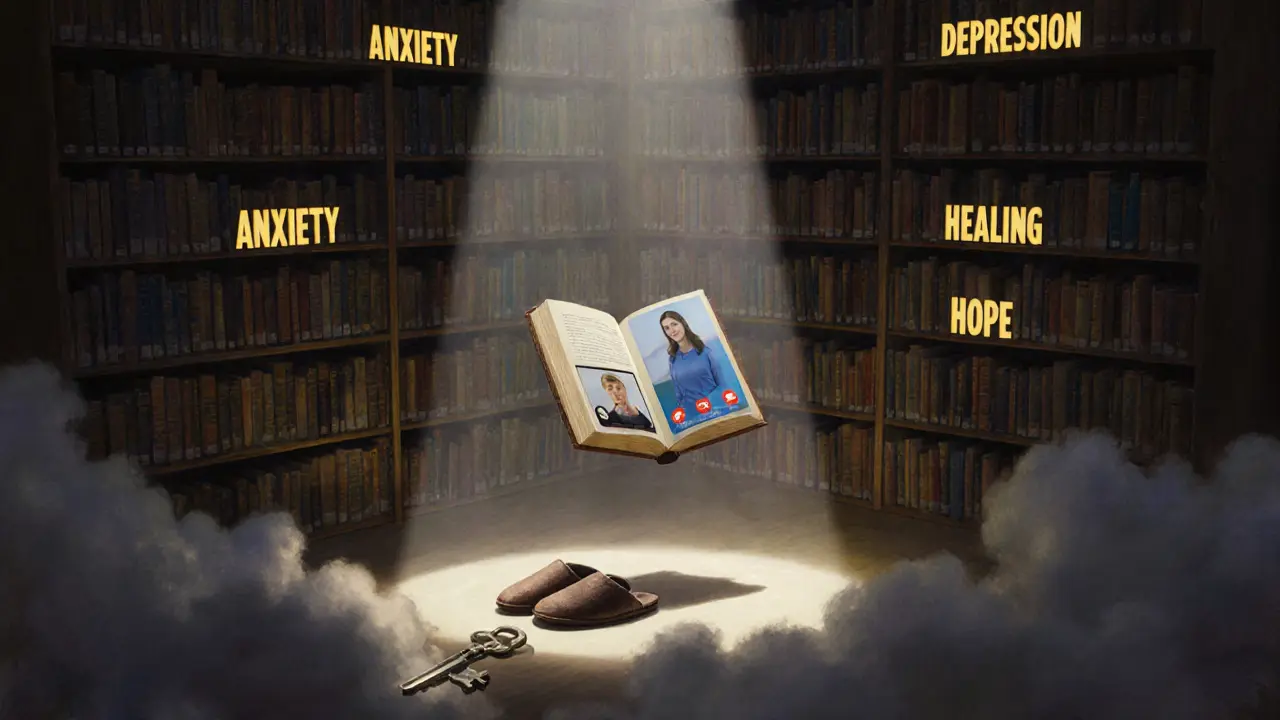 Symbolická knihovna duševního zdraví s otevřenou knihou zobrazující online terapii a jemným světlem naděje.