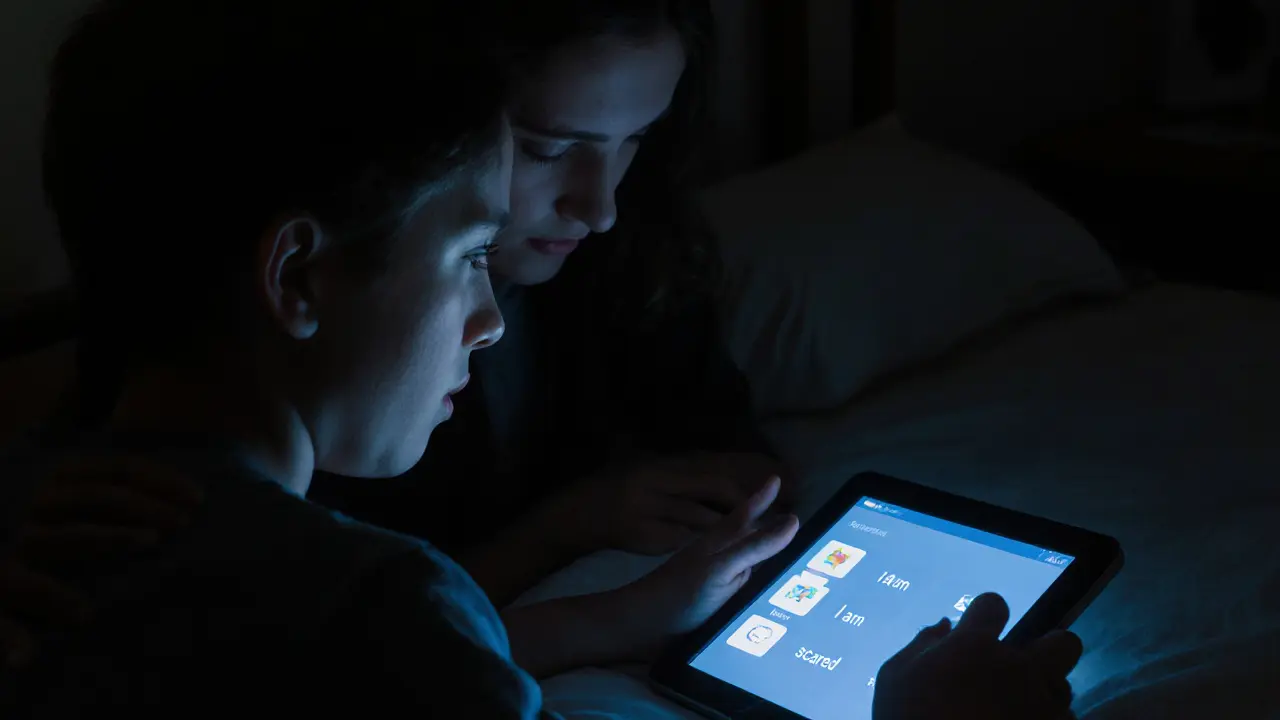 Teen používá tablet s komunikačními ikonami v temné ložnici, rodič ho jemně podporuje.