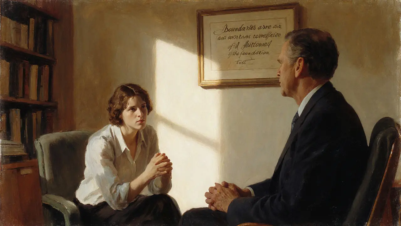 Terapeut a klient hovoří o hranicích v ordinaci při světle odpoledního slunce.