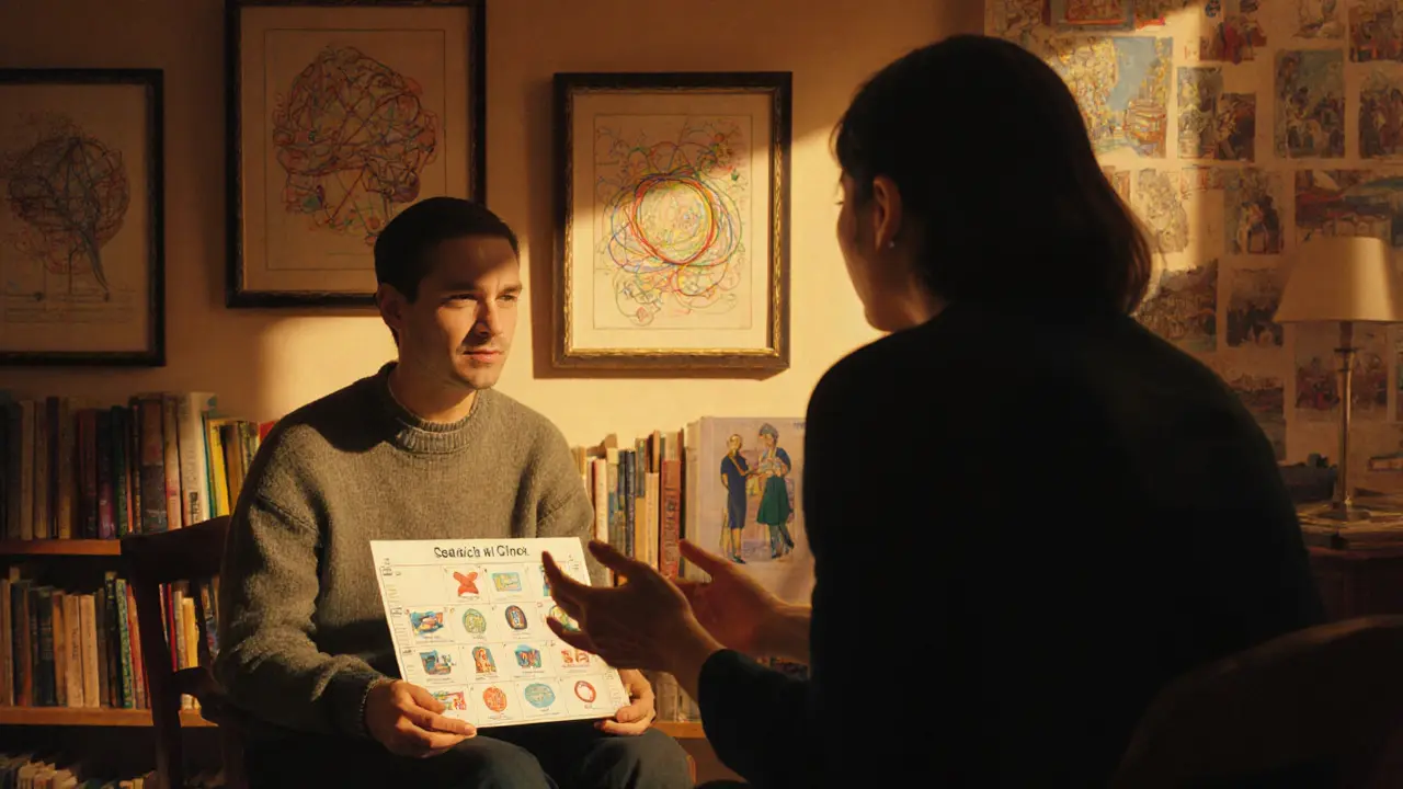 Terapeut a klient sedí spolu v klidné místnosti, kde vidíme vizuální plán a knihy.