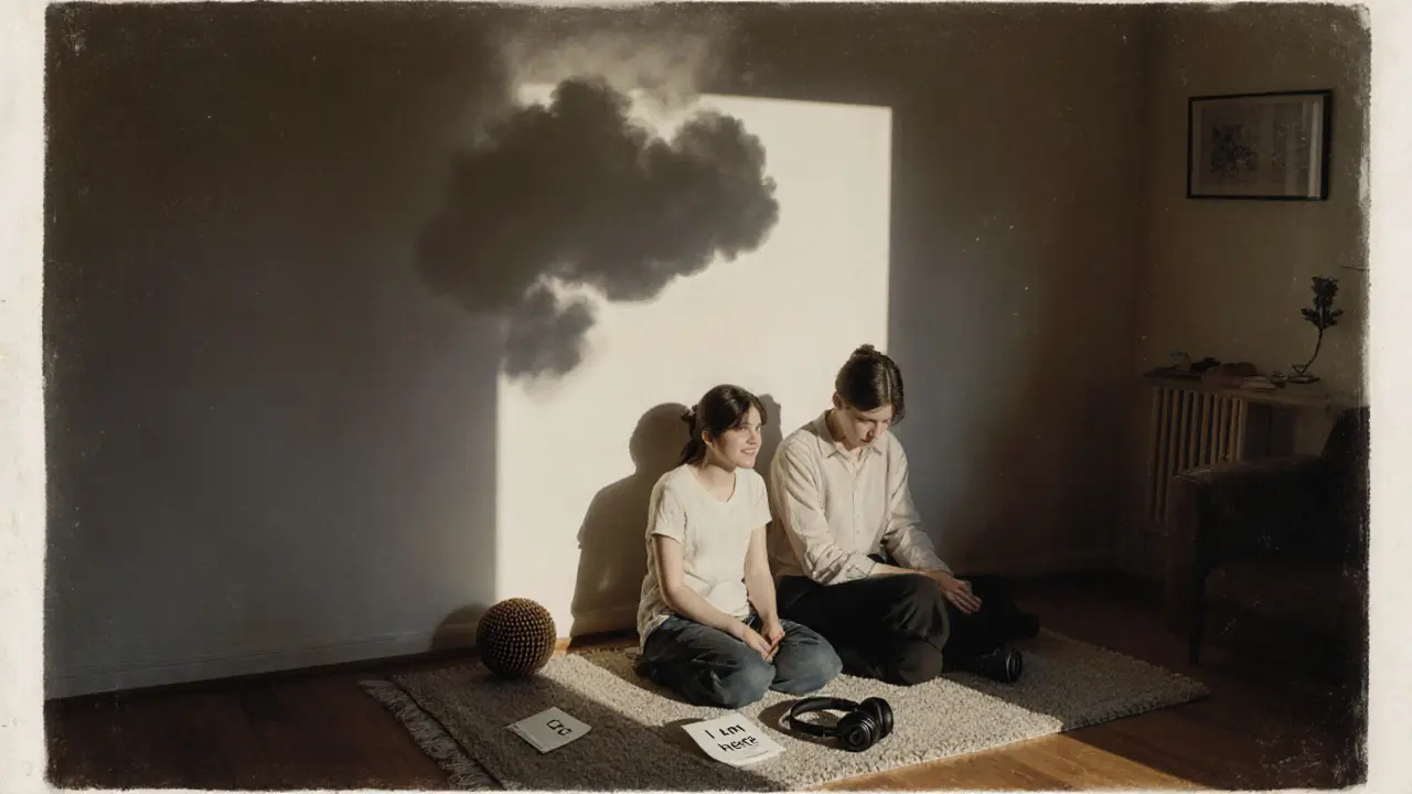 Terapeut a klient společně pozorují stín na zdi, vedle nich leží senzorické pomůcky a karta s textem &#039;Jsem tady&#039;.