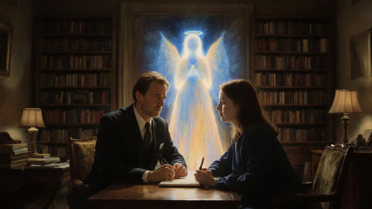 Terapeut a klient v klidné místnosti, kde se objevuje jejich soucitné já jako zářící postava.