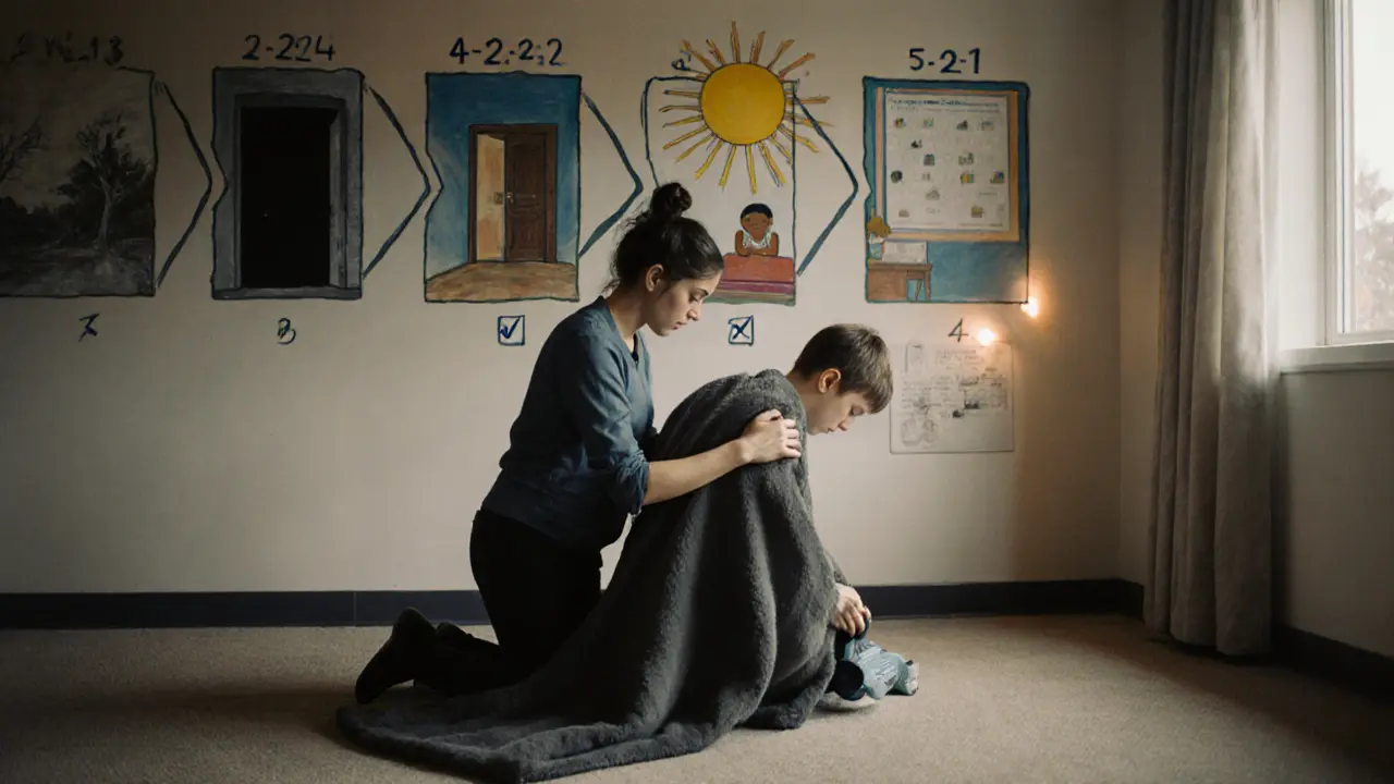 Terapeut podporuje dítě s těžkou dekou, za nimi nástěnná malba cesty ke škole.