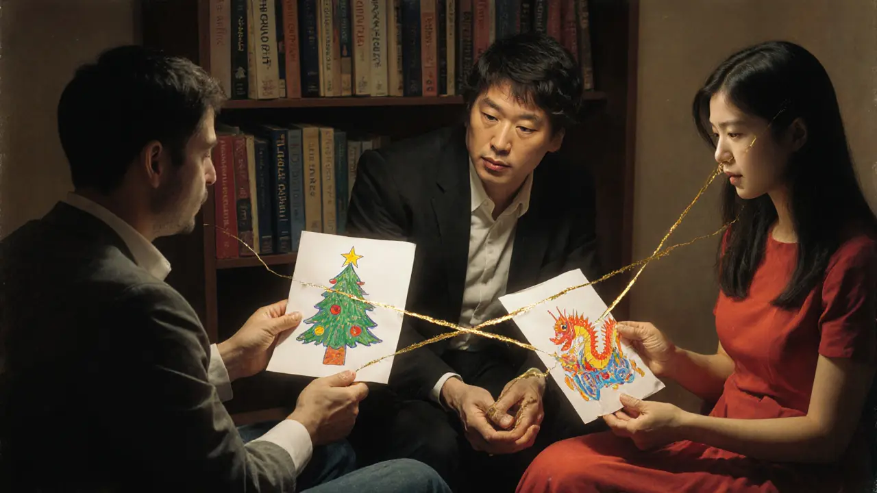 Terapeut s českým mužem a čínskou ženou, kteří drží dětské kresby, okolo nich se vinou příběhy.