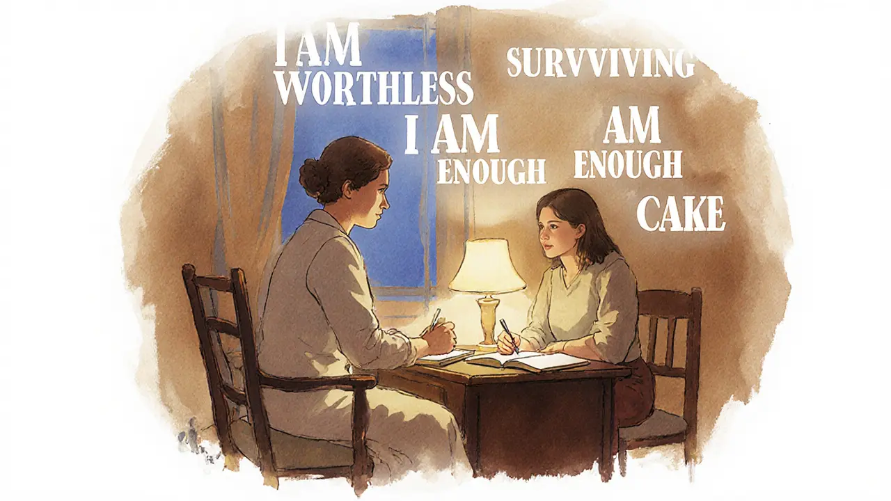 Terapeutka a pacientka spolu v místnosti, nad nimi se mění negativní myšlenky na podporující věty.