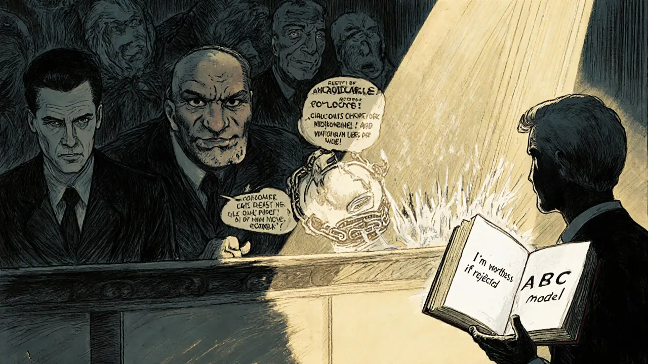 Vnitřní soudní proces v mysli, kde terapeut disputuje přesvědčení o hodnotě.