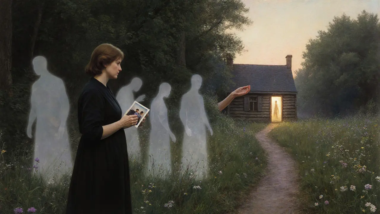 Žena stojí v lese na ranním světle, drží fotografii rodiny, zatímco minulost se rozplynula v mlze.