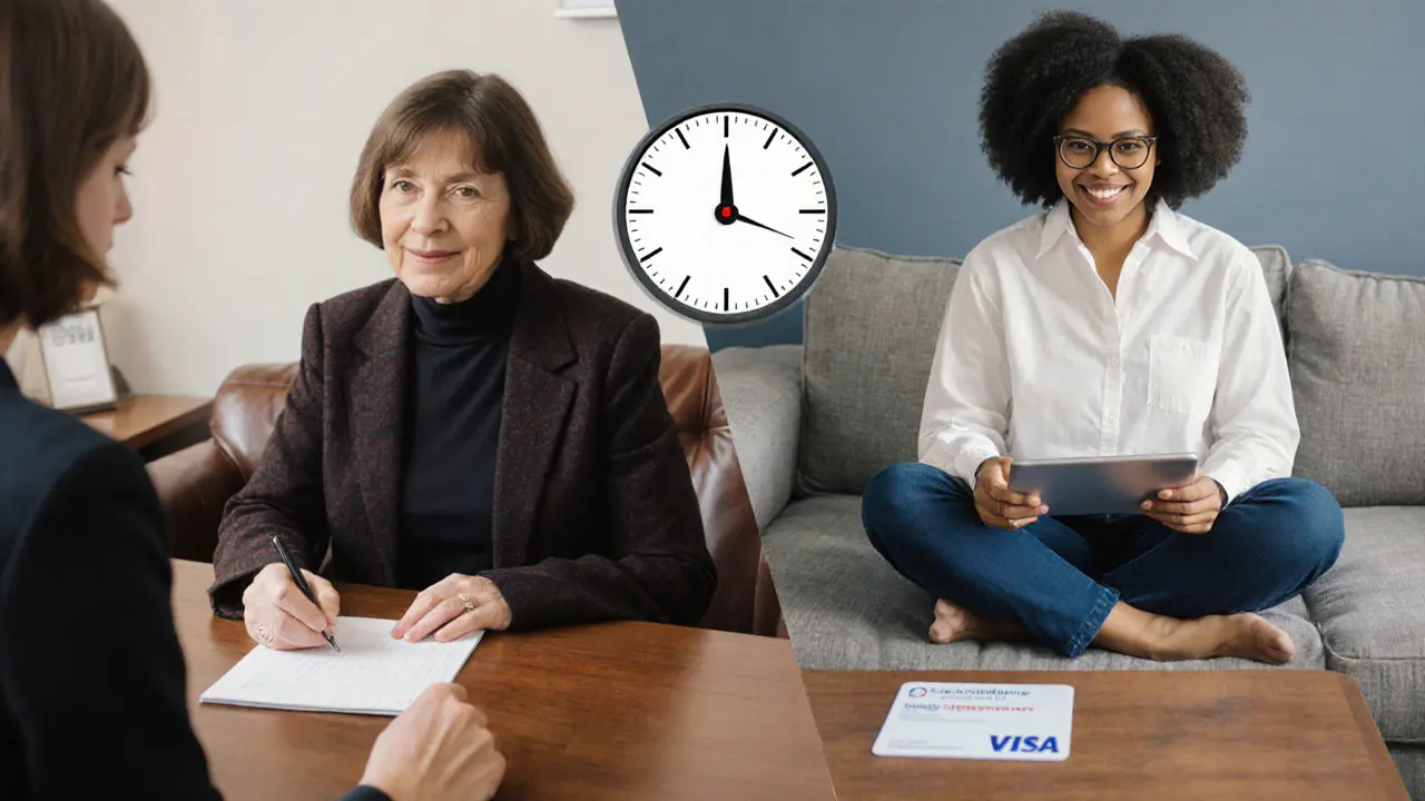 Žena v minulosti sedí na gauči s terapeutem, dnes hovoří přes tablet.