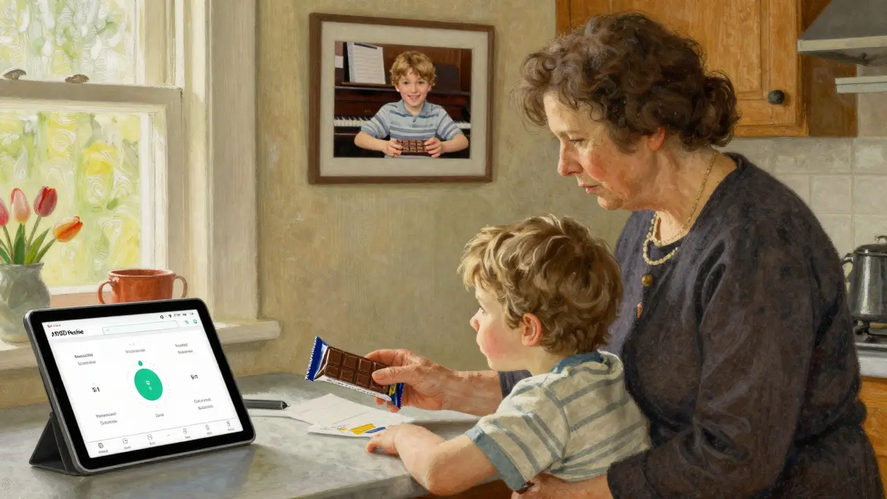 Babička podává čokoládu dítěti, zatímco na tabletu svítí aplikace pro ADHD rodiče.