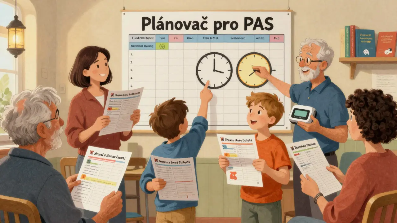 České rodiny společně používají tištěné plány a Time Timer v komunitním centru s nápisem 'Plánovač pro PAS'.