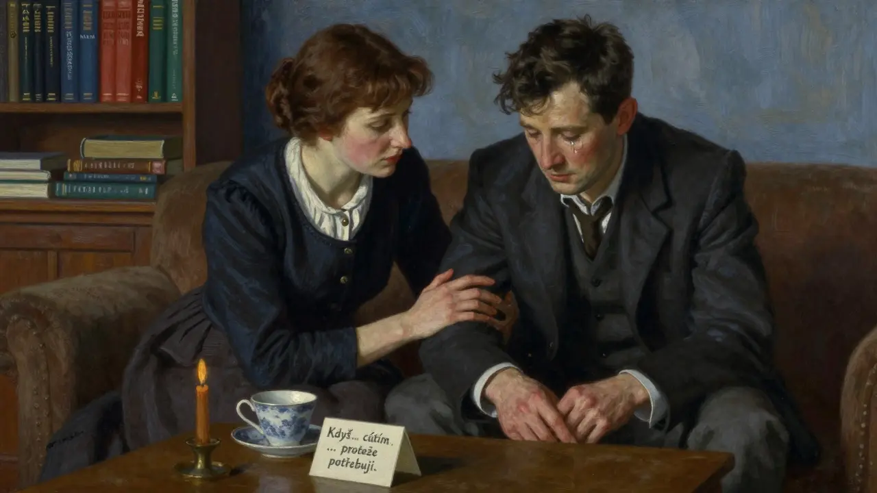 Český pár v pohodlném pokoji, žena dotýká partnera, na stole je list s textem o pocitech.