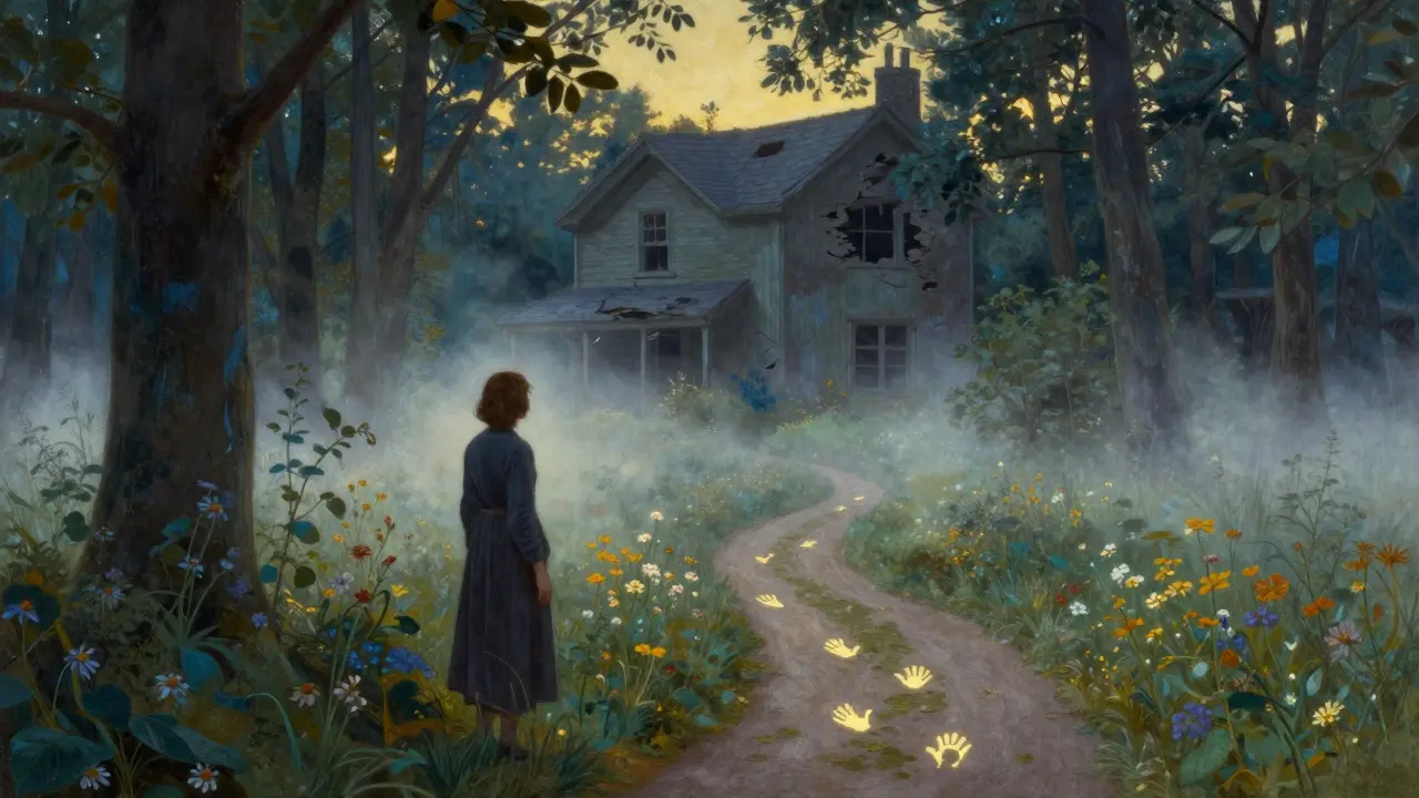 Člověk se otáčí k zanikajícímu domu a dívá se na cestu skrz květiny a mlhu, světelné stopy ho vedou vpřed.