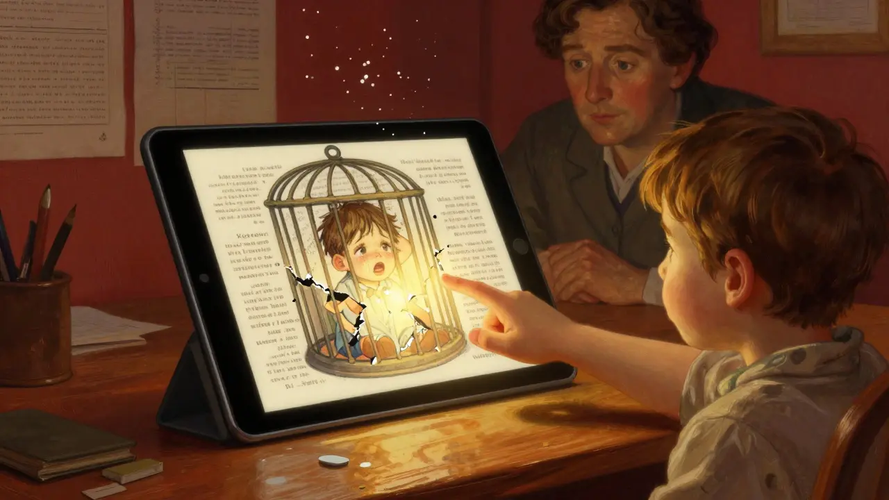 Dítě dotýká se tabletu s animovanou mapou emocí, z něj vychází světlo, zatímco starší osoba pozoruje.