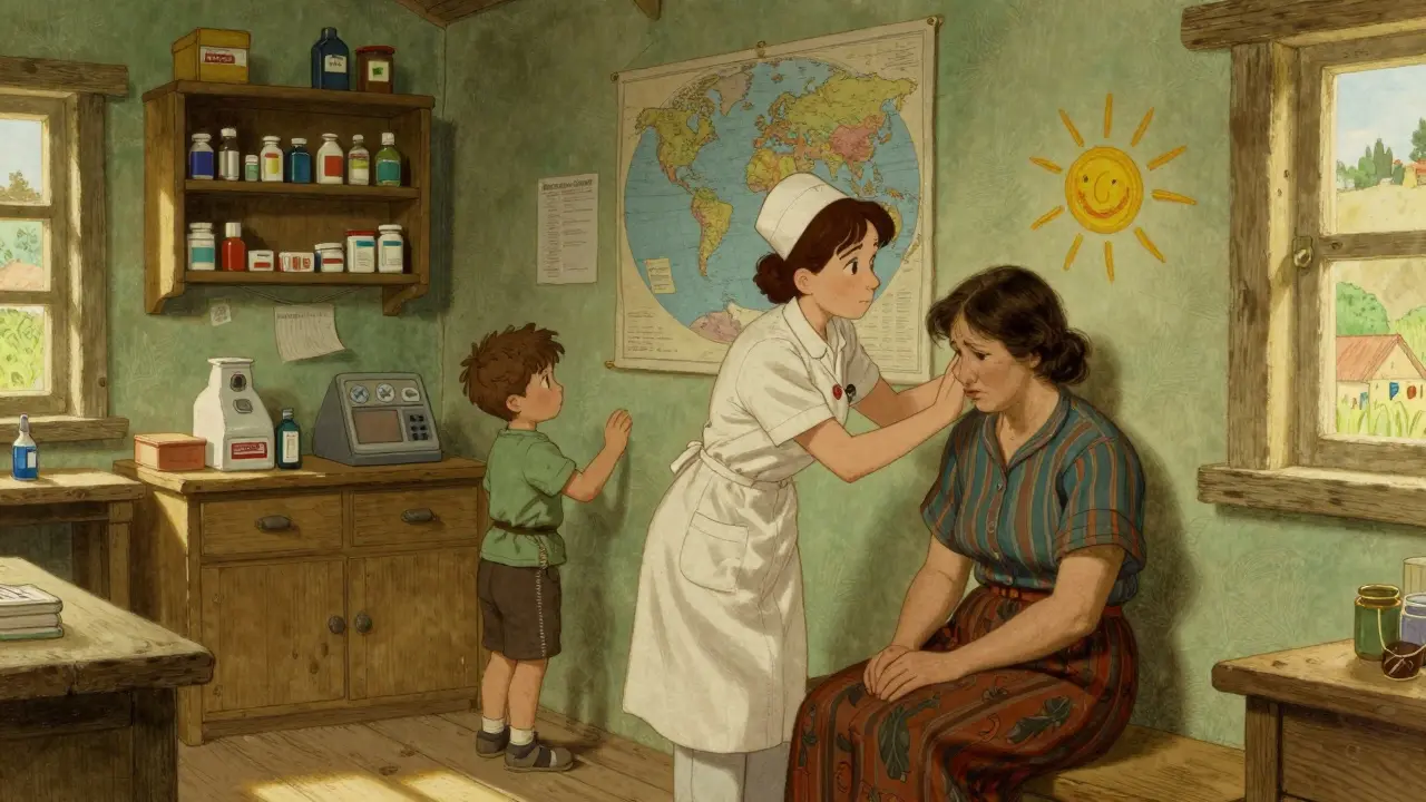 Domaťská sestra poslouchá ženu v venkovské lékárně, dítě kreslí slunce.
