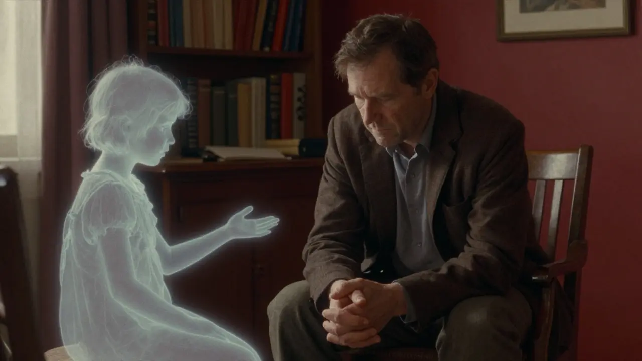 Dospělý člověk sedí s terapeutem, průhledná verze dítěte z jeho minulosti sedí vedle něj v klidné místnosti.