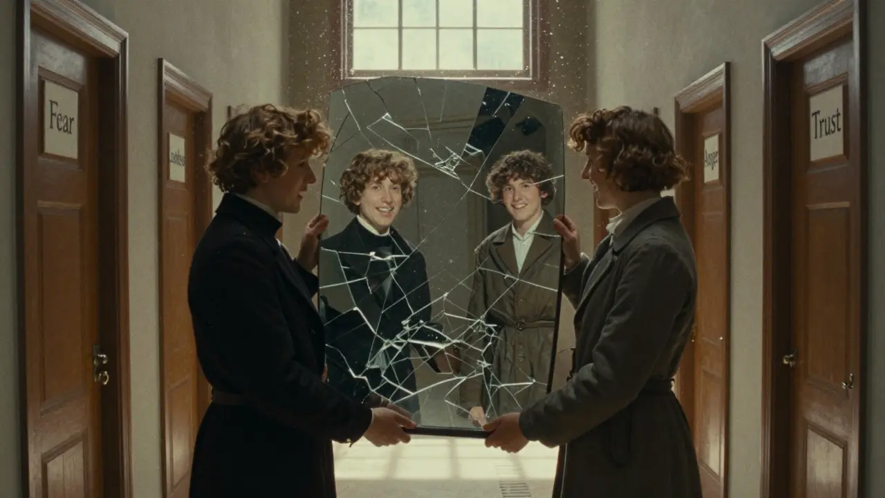 Dva lidé drží rozbité zrcadlo, za nimi dlouhý chodba s dveřmi označenými emocemi.