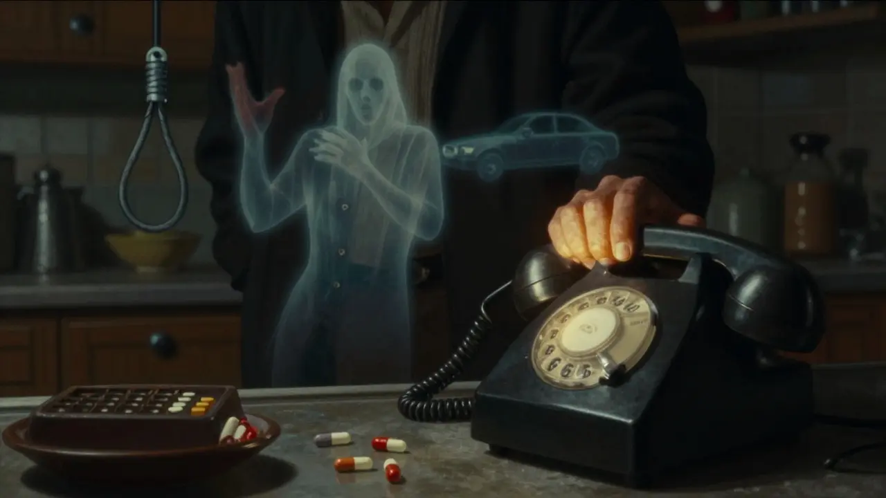 Hand dialing emergency number 155 at night, ghostly images fading in background.