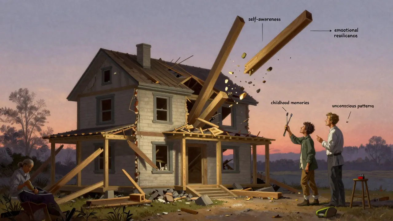 Klient přestavuje svou vnitřní strukturu pod vedením terapeuta, staré zbytky se odstraňují.