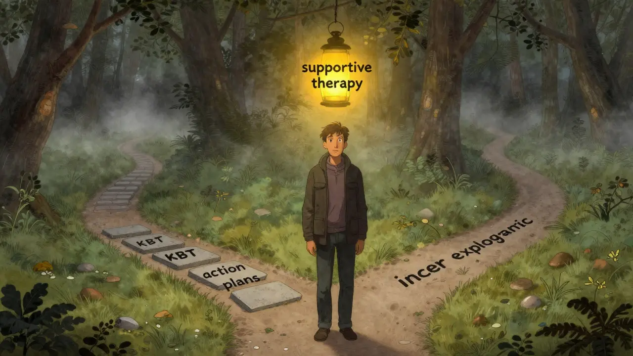 Klient stojí na rozcestí mezi strukturovanou a hloubkovou terapií, zářící lampa ho podporuje.