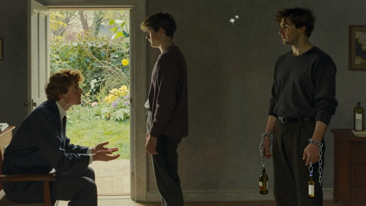 Klient stojí u dveří, které vedou ke světlu, zatímco za ním zůstávají řetězy závislosti, ale jeden je přerušený.