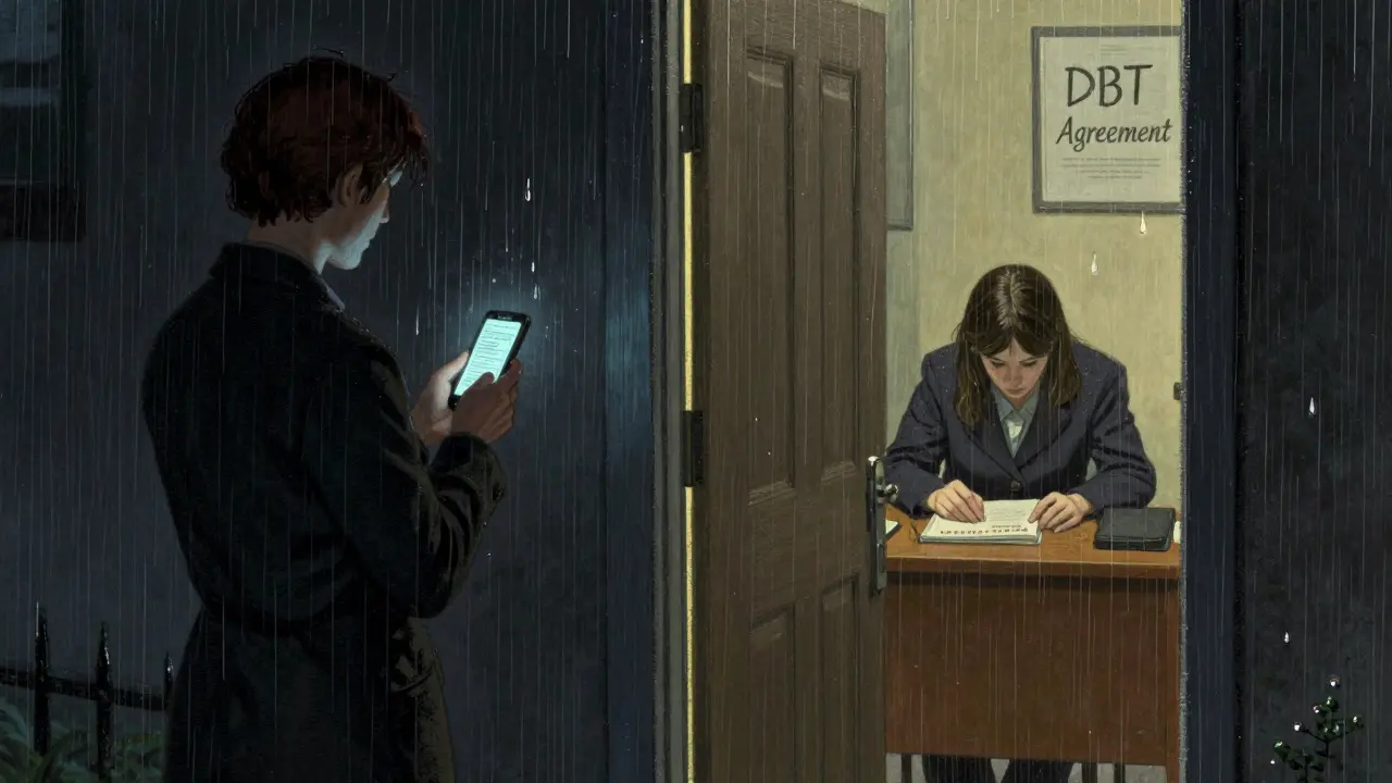 Klient ve dešti před zavřenými dveřmi terapie, terapeut u stolu s DBT dohodou uvnitř.