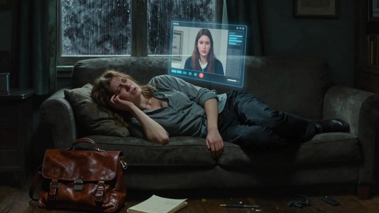 Mládence se zhroutila na gauči, nad ní visí neúčinný videohovor, venku prší.