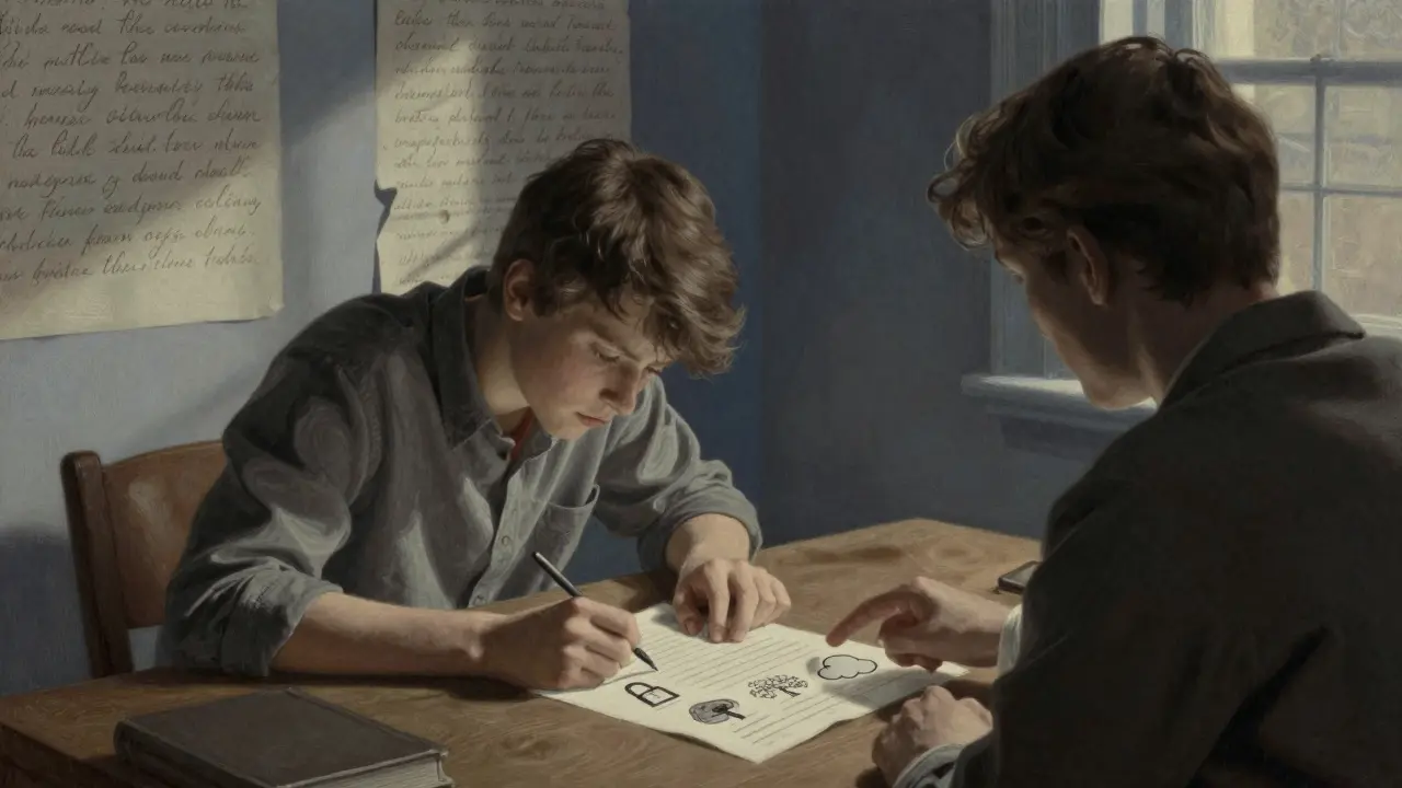 Neposlušný teenager ukazuje na obrázek oblaku na pracovním listu, terapeut za ním pozoruje jeho přeměnu.