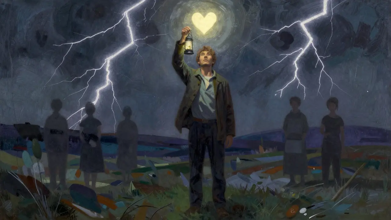 Osoba drží lucernu ve tvaru srdce v bouřlivém krajině, za ní jsou stíny podpory.