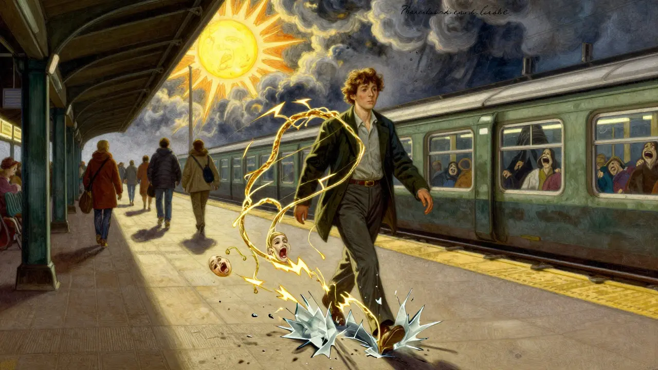 Osoba klidně prochází metrem, zatímco dřívější strachy se pod jejíma nohama rozbíjejí.