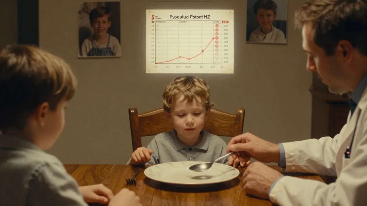 Prázdné židlo u stolu s lékařským grafem nad ním, symbolizující bezpečnou obnovu výživy.