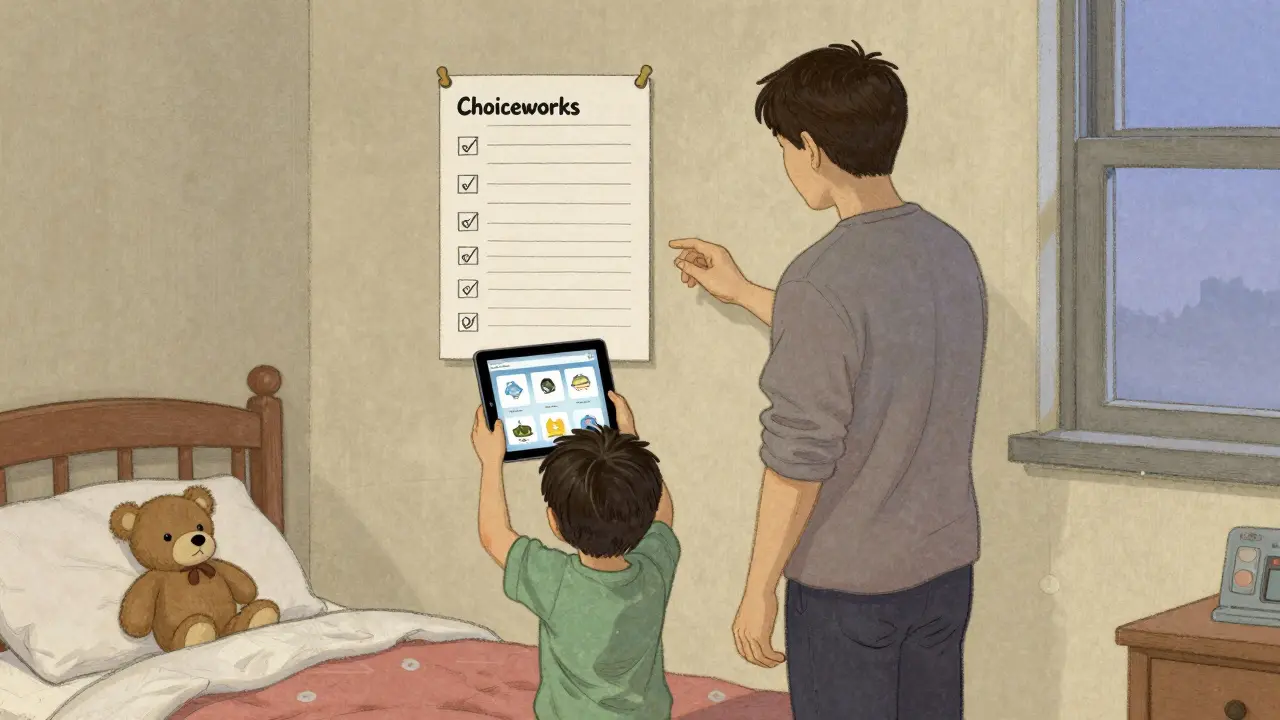 Rodič a dítě společně sledují obrázkovou aplikaci a fyzický plán na zdi v pokoji.