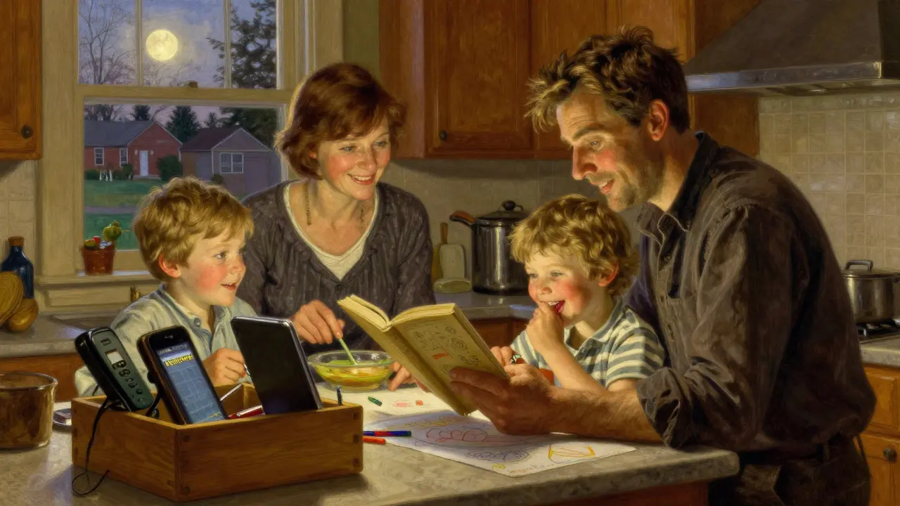 Rodina v kuchyni večer, všechny zařízení v krabici, společně čtou a smějí se.