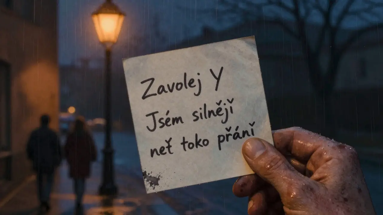 Ruka drží příručku s rukou psanými kroky pro přežití cravingu pod lampou.