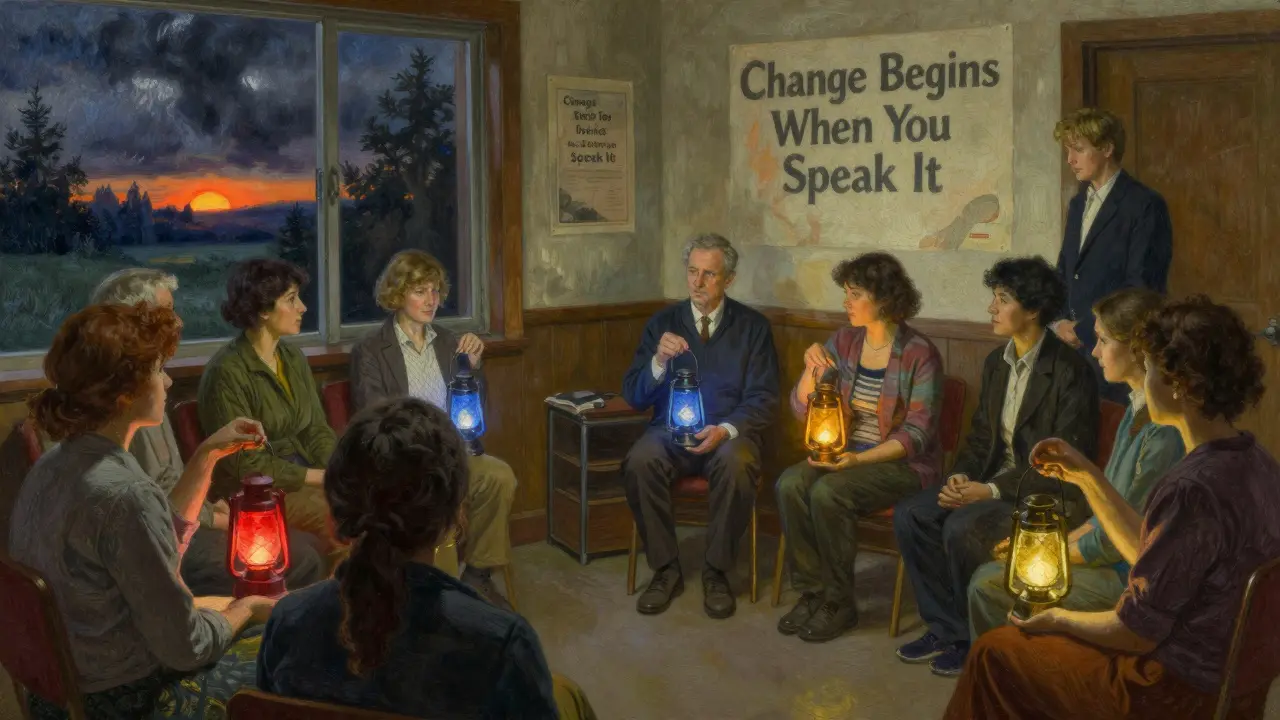 Skupina klientů drží svíčky různých barev, terapeut stojí pozadu, venku se objevuje slunce — symbol vlastní motivace.