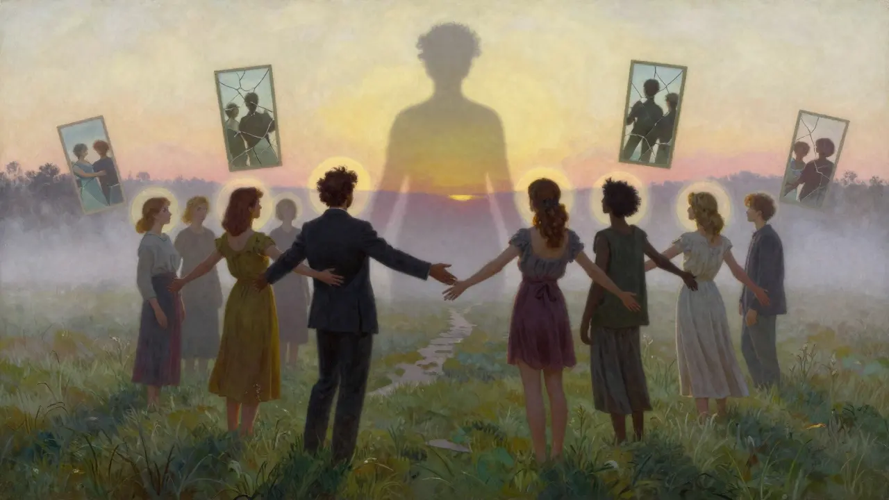 Skupina lidí v zářící krajině, jejich stíny se spojují, symbolizují vznik sociálního zájmu a přijetí sebe sama.