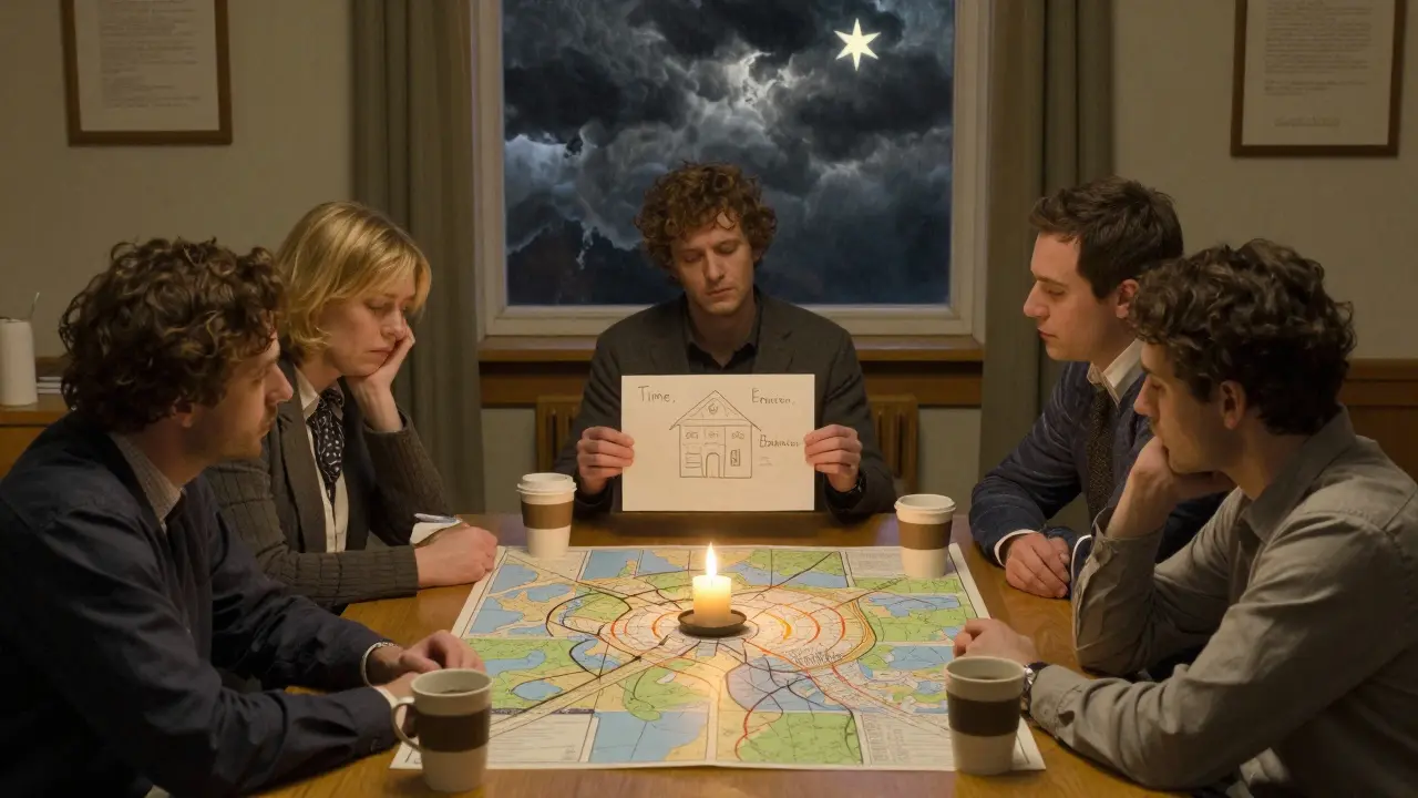 Skupina terapeutů ve vedení s mapami hranic a svíčkou, venku se rozptylují bouřkové mraky.