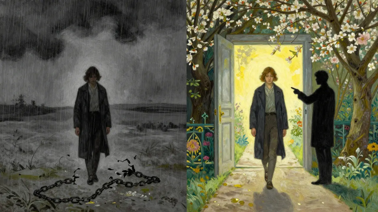 Symbolický obraz: člověk přechází z bouřky do slunečné zahrady, terapeut ukazuje cestu.